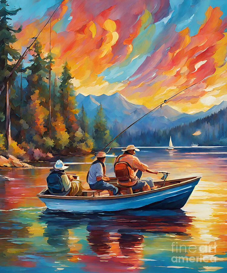 Sunset Painting - Hills and Lake painting #6 by Naveen Sharma