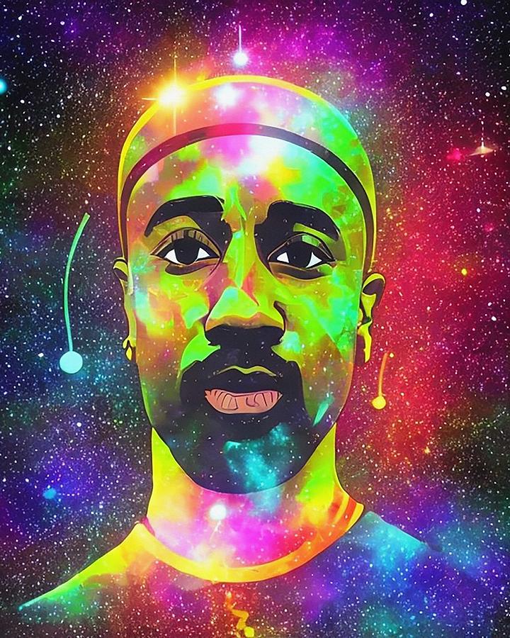 Hologram Of Tupac Floating In Space A Vibrant Digital Illustration