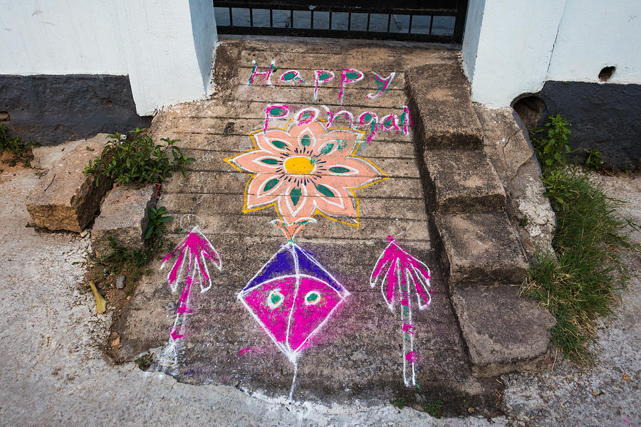 HYDERABAD, INDIA - JANUARY 12,2017 Decorative floral patterns known as Rangoli outside a home on Pongal festival in Hyderabad #6 Photograph by Sanjay Borra