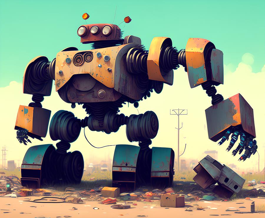 Junkyard Robot And Car Wreck, Generative Ai Illustration Digital Art By 