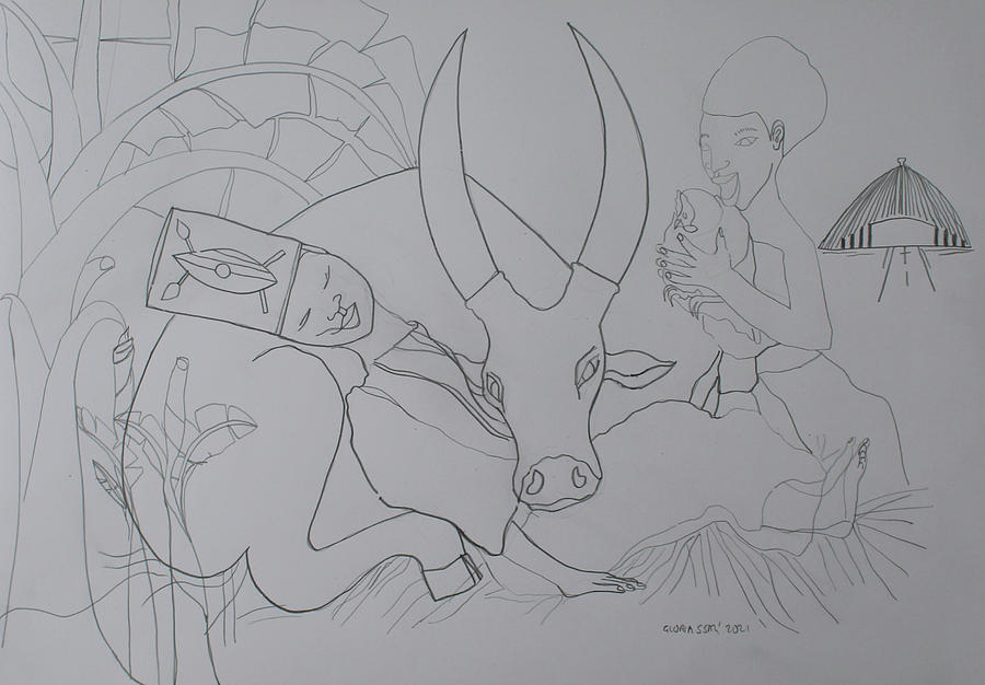 Kintu and Nambi First Encounters #6 Drawing by Gloria Ssali