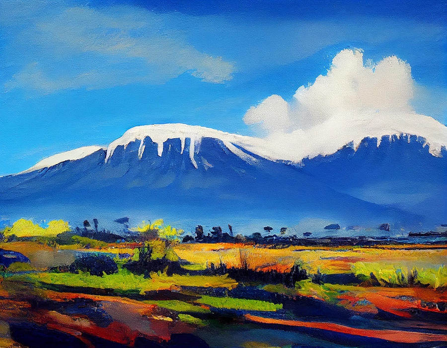 landscape  painting  of  Mount  Kilimanjaro  blue  skies  co   by Asar Studios Digital Art