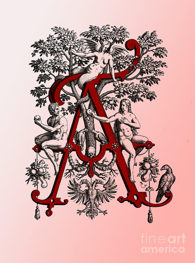 bible illustration, calligraphic letter A,initial A Ancien Artistic Initials Mixed Media by Elena Gantchikova
