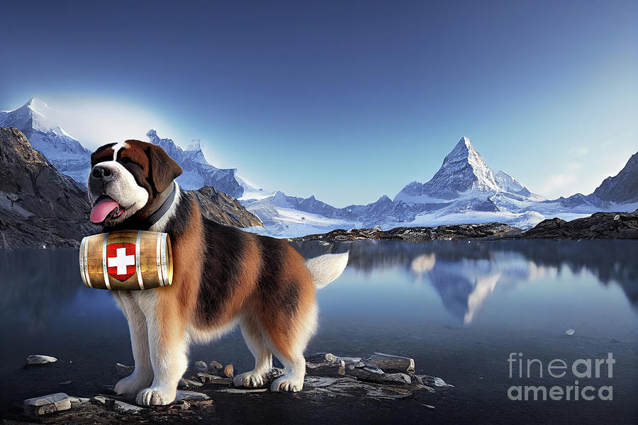 Matterhorn lake and Saint Bernard dog Digital Art by Benny Marty - Fine ...