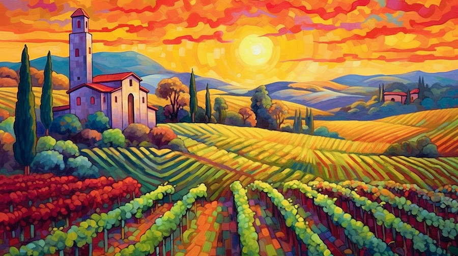 Fantasy Painting - Neo      impressionism  pop  art  deco  vineyard  Italy  by Asar Studios #6 by Celestial Images