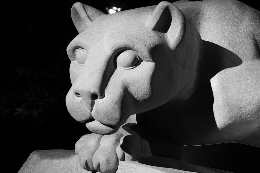 Nittany Lion Shrine at night at Penn State University in black and white #6 Photograph by Eldon McGraw