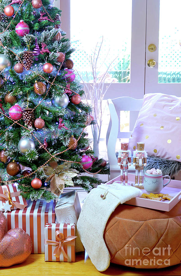 On trend pink and rose gold trimmed Christmas tree with tray for Santa. #6 Photograph by Milleflore Images
