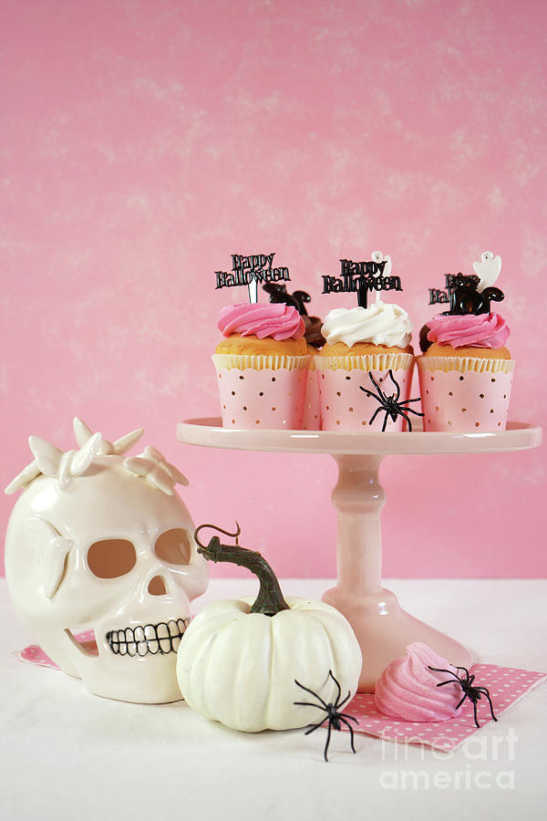 On trend pink Halloween party table with cupcakes #6 Photograph by Milleflore Images