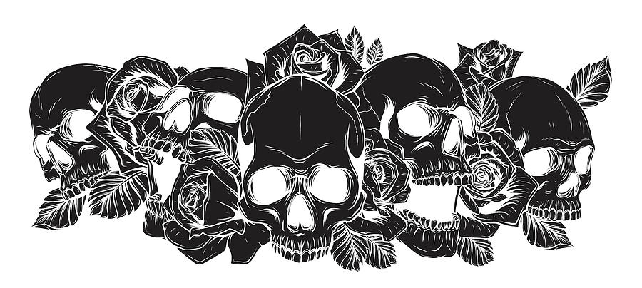 Skull and roses flowers hand drawn illustration. Tattoo vintage ...