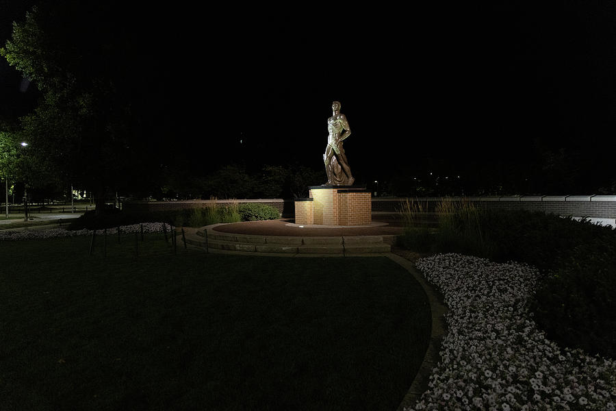 Spartan statue at night on the campus of Michigan State University in East Lansing Michigan #6 Photograph by Eldon McGraw