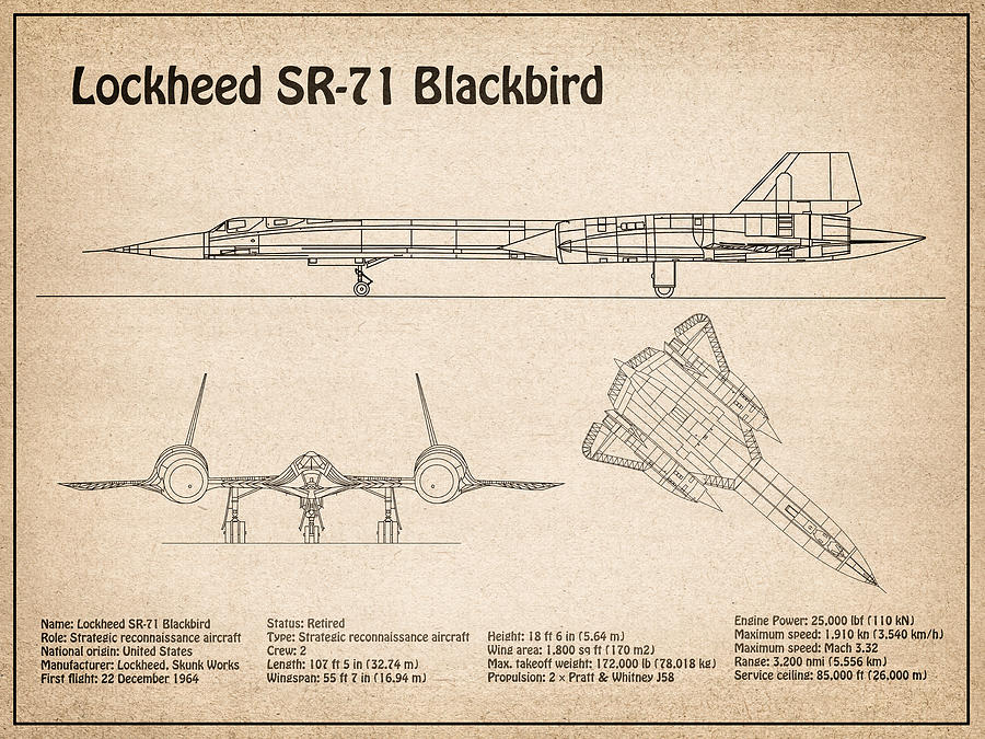SR-71 Blackbird - Airplane Blueprint Drawing Plans Schematics sd Digital Art by SP JE Art