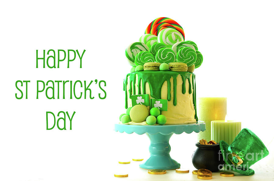 St Patricks Day theme lollipop candy land drip cake. #6 Photograph by Milleflore Images