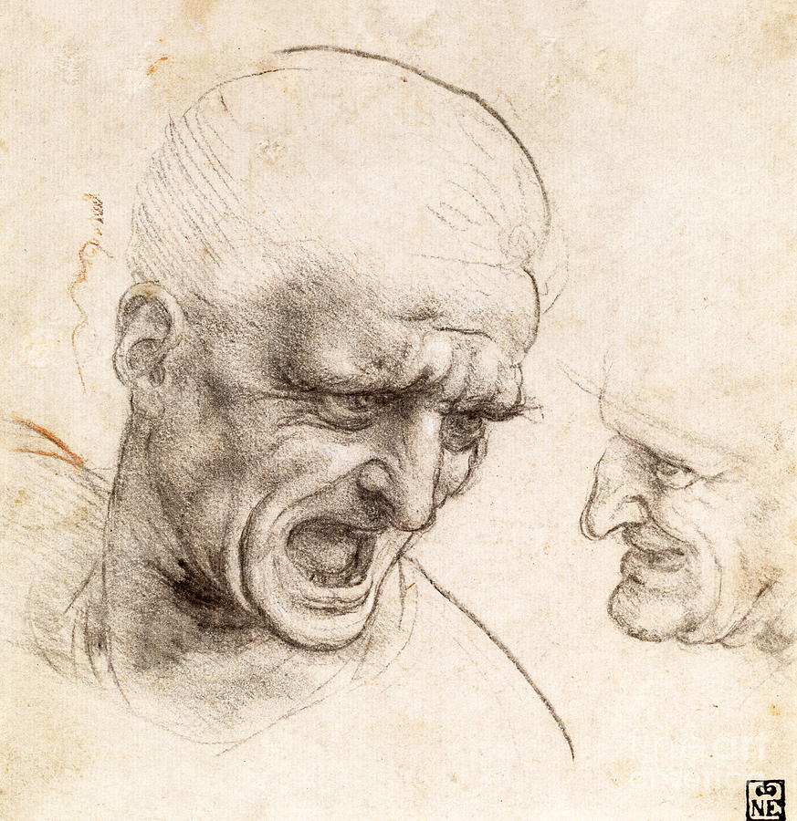 Study of Two Warriors Heads for the Battle of Anghiari #6 Painting by Leonardo da Vinci