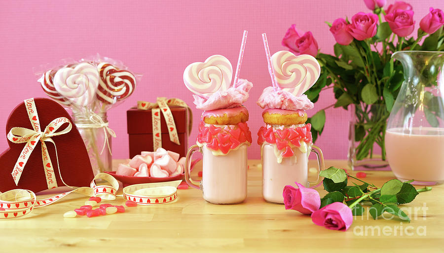 Valentines Day freak shakes with heart shaped lollipops and donuts. #6 Photograph by Milleflore Images