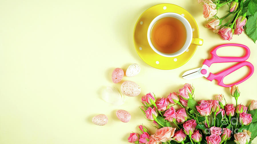 Welcoming Spring theme concept tea break with pink roses and female accessories. #6 Photograph by Milleflore Images