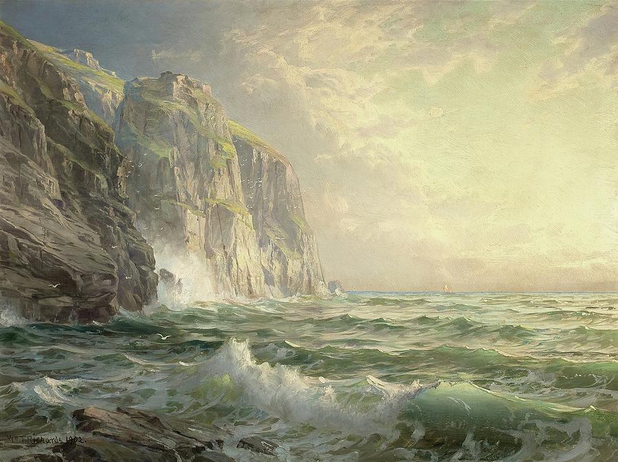60708 Seascape Drawing, Rocky Cliff With Stormy Sea, Cornwall, 1902 Painting by William Trost Richards