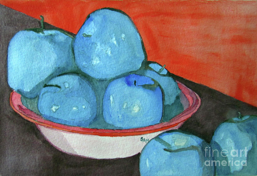 7 Apples Blue Painting by Sandy McIntire
