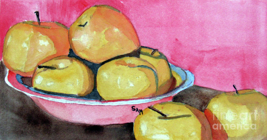 7 Apples Yellow Painting by Sandy McIntire