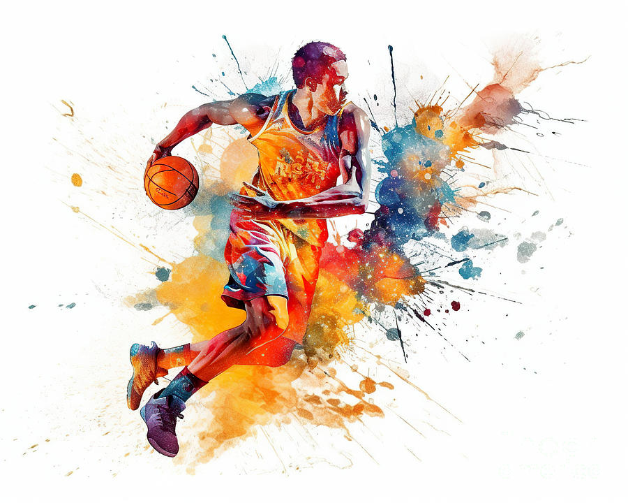 Basketball watercolor splash player in action. #7 Digital Art by Odon Czintos