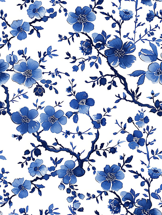 Flower Digital Art - Blue And White Floral Pattern #7 by Benameur Benyahia