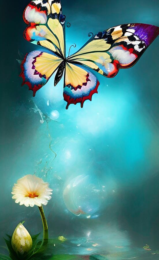 Bright butterflies flying over flowers. Digital Art by Ai - Fine Art ...