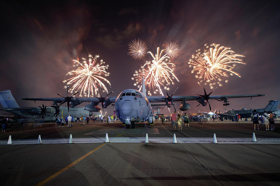 Airplane Photograph - C130 with fireworks #7 by Keith Homan