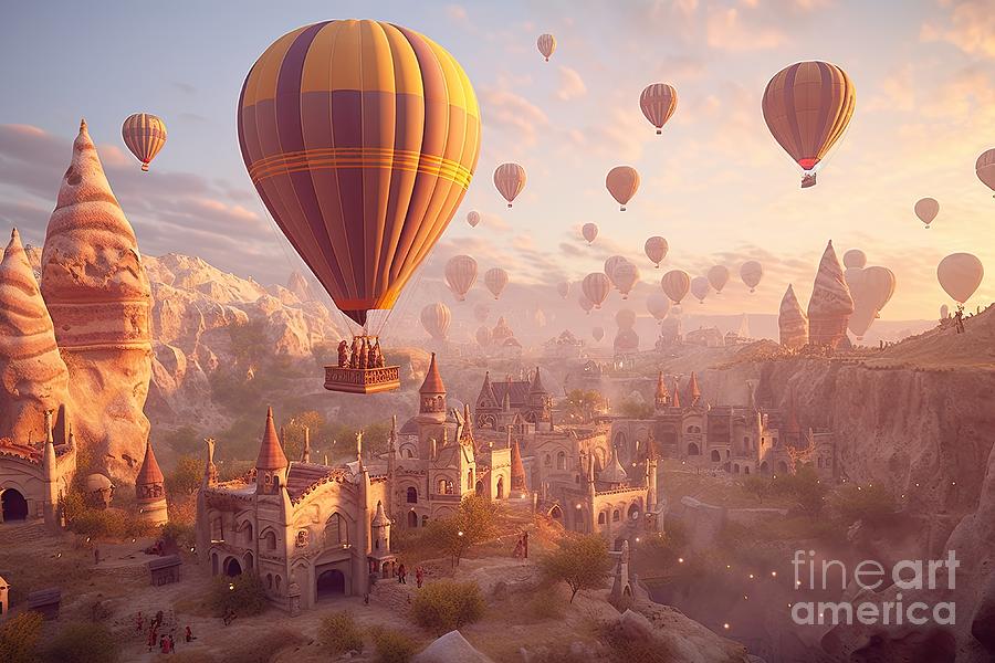 Cappadocia air balloons flying at sunset in Turkey #7 Digital Art by Benny Marty