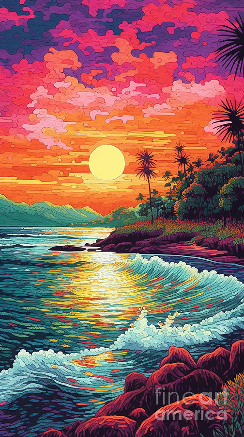 colorized lilula beach oahu sunset Pointillism by Asar Studios Painting ...