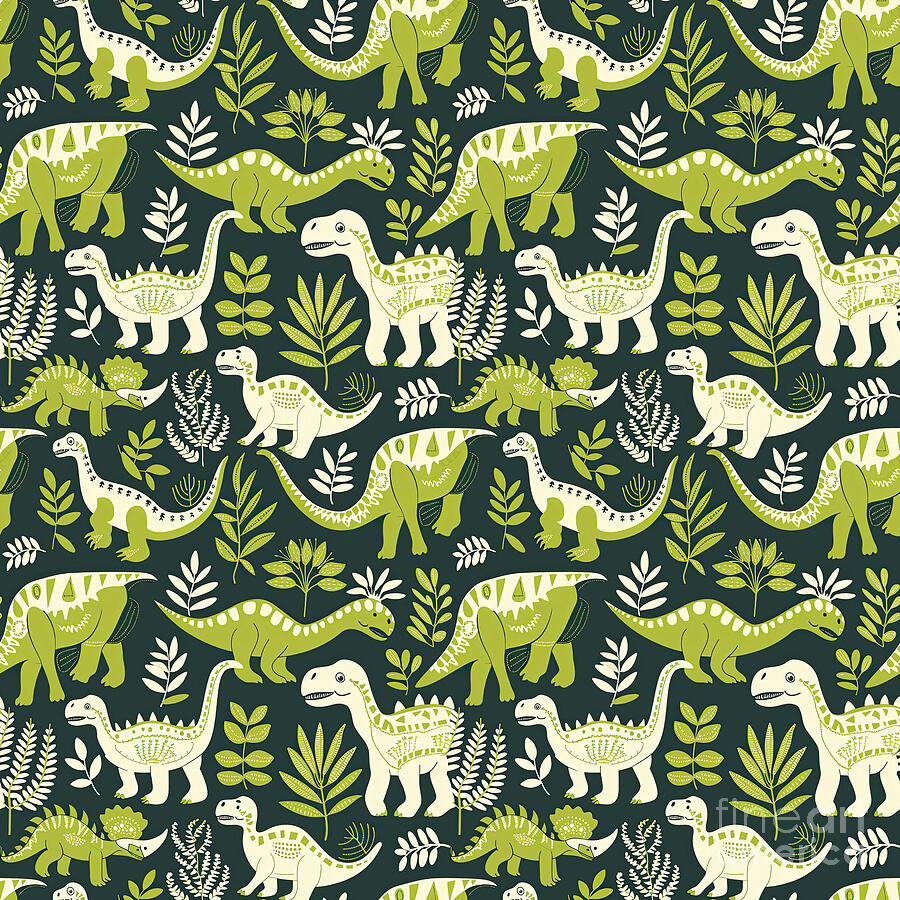 Prehistoric Digital Art - Delightful Dinosaurs in Enchanted Garden Pattern #7 by Lauren Blessinger