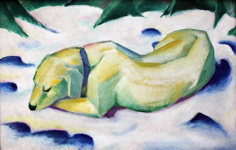 Dog Lying in the Snow  #5 Painting by Franz Marc