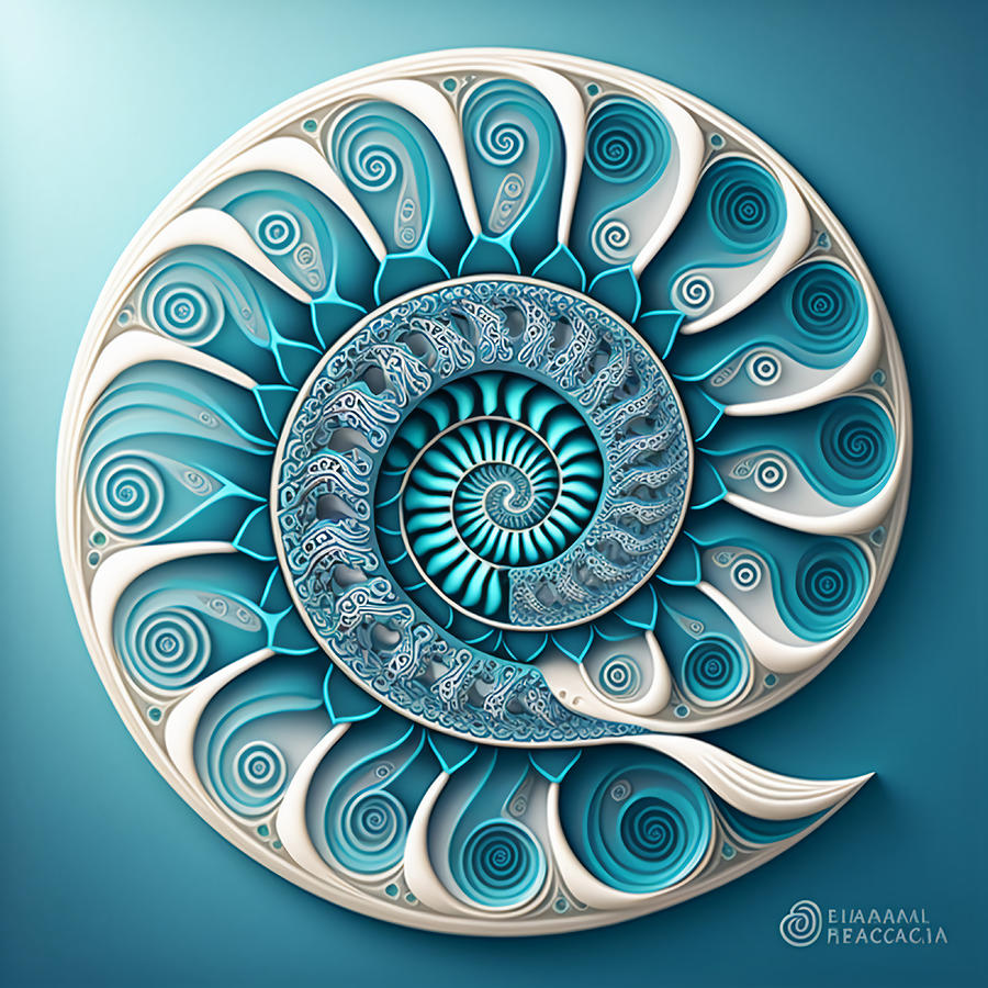 Fibonacci Sequence Spiral in Turquoise Blue White Drawing by RAGANA ...