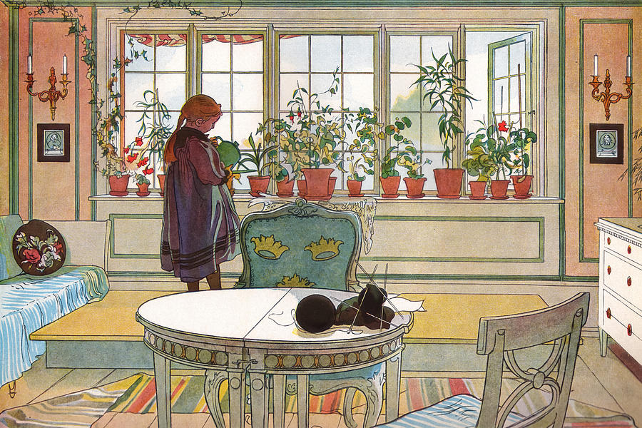 Flowers On The Windowsill By Carl Larsson Drawing