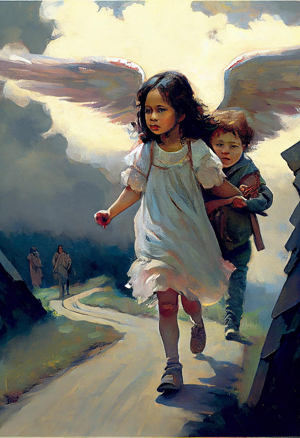 Guardian Angel protecting and guiding 2 orphan by Asar Studios Painting