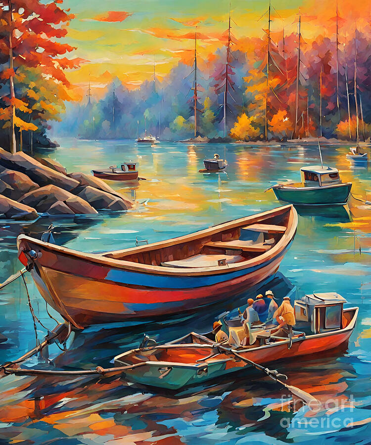 Boat Painting - Hills and Lake painting #7 by Naveen Sharma