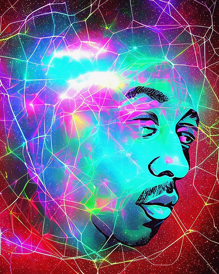 Hologram Of Tupac Floating In Space A Vibrant Digital Illustration