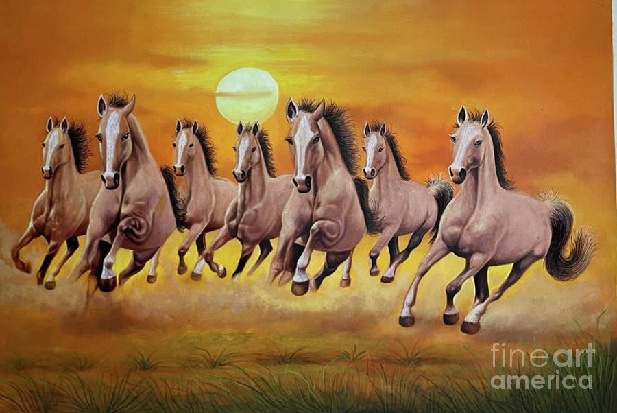 7 Horses Painting On Canvas, Horse Painting, Sevan Horses Painting, Painting by Manish Vaishnav