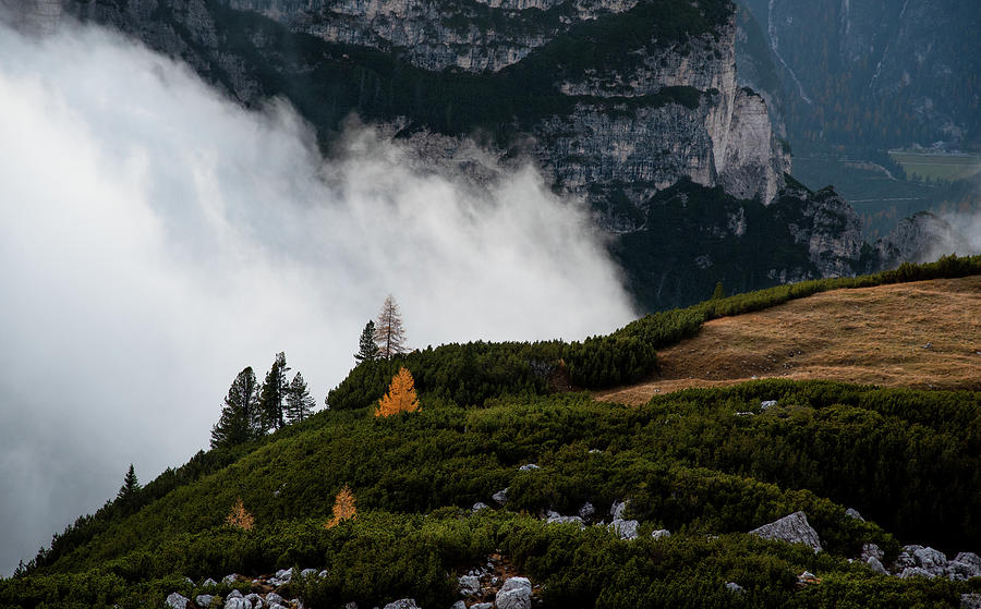 Mountain landscape with fog in autumn. Tre Cime dolomiti Italy. #8 Photograph by Michalakis Ppalis