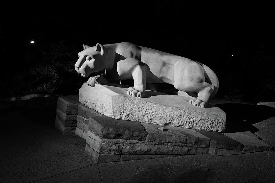 Nittany Lion Shrine at night at Penn State University in black and white #7 Photograph by Eldon McGraw