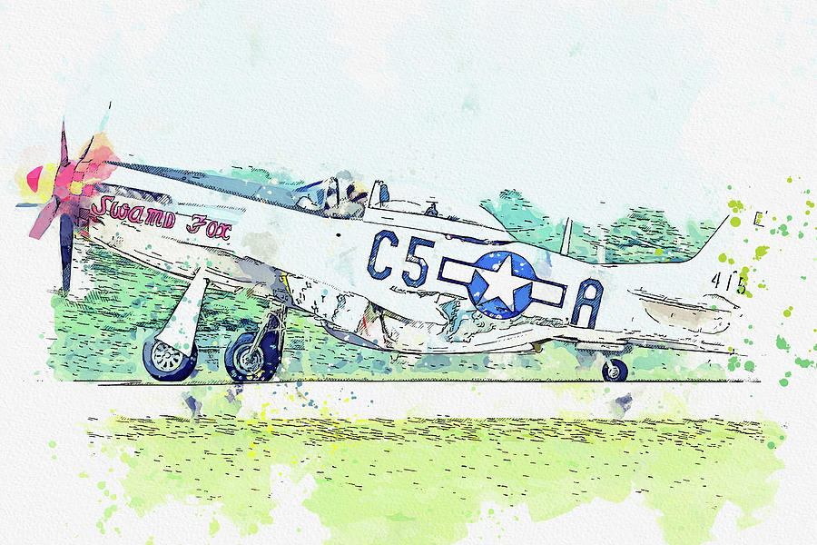 North American P-d Mustang Toulouse Nuts , Vintage Aircraft - Classic War Birds - Planes Watercolor Painting