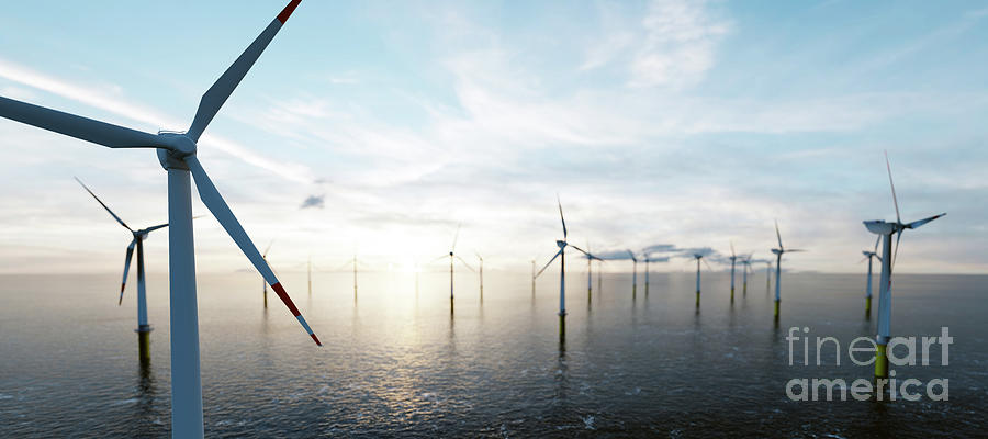 Offshore Wind Turbines Farm On The Ocean. Sustainable Energy Photograph ...