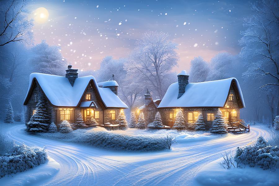 Snowy Cottage in Winter, Generative AI Illustration Digital Art by ...