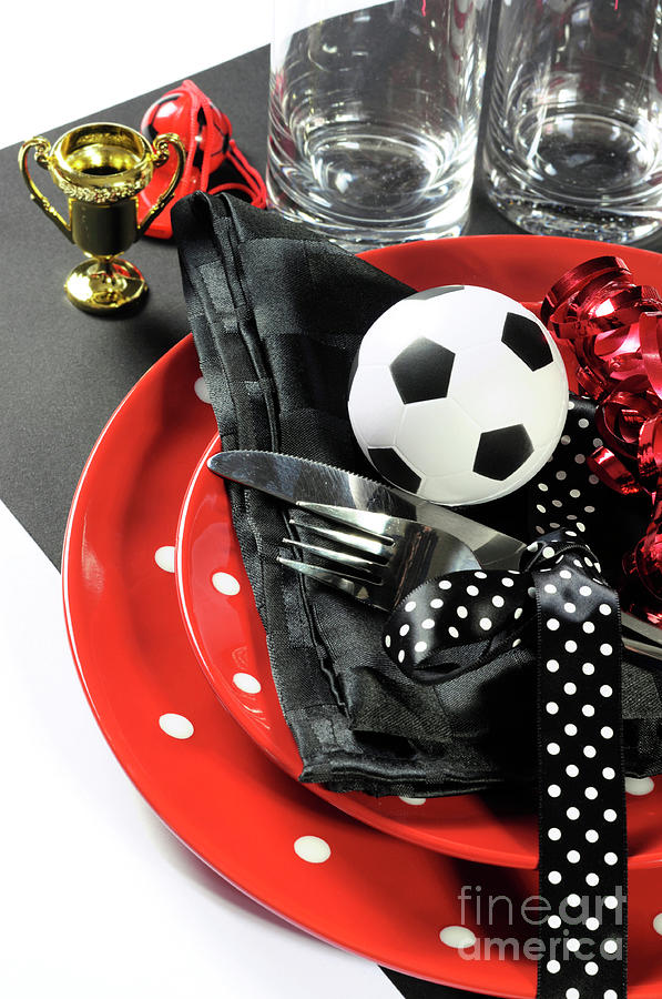 Soccer football celebration party table setting #7 Photograph by Milleflore Images