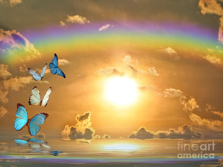 Spiritual background with butterflies and rainbow in sea