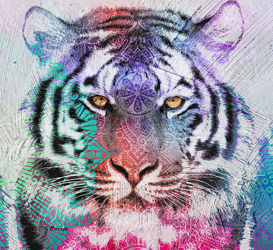 Mandala Tiger Mixed Media by J U A N - O A X A C A