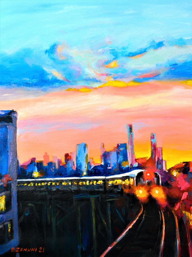 7 Train Queensboro Plaza Sunset NYCity Painting by Eduard Zenuni - Fine ...