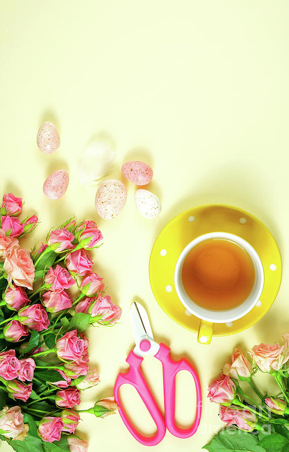 Welcoming Spring theme concept tea break with pink roses and female accessories. #7 Photograph by Milleflore Images
