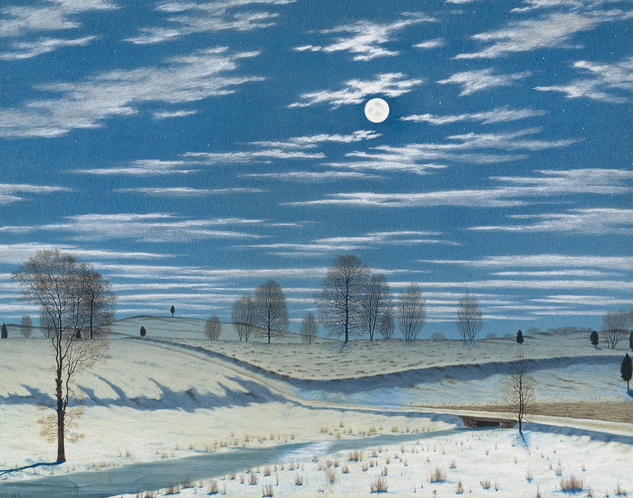 Brush Painting - Winter Scene in Moonlight by Henry Farrer  by Mango Art