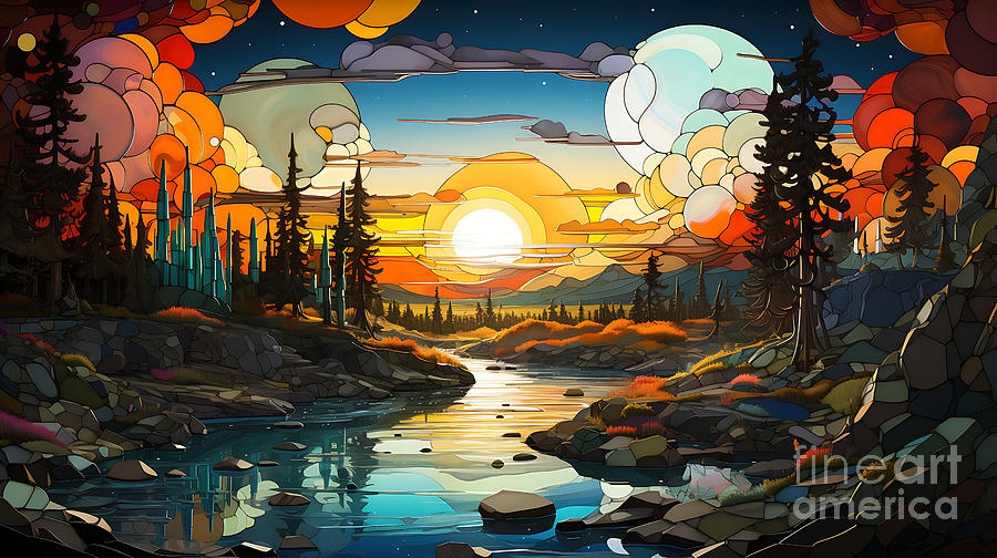 yellowstone national park Whimsical Geometric by Asar Studios #7 Painting by Celestial Images