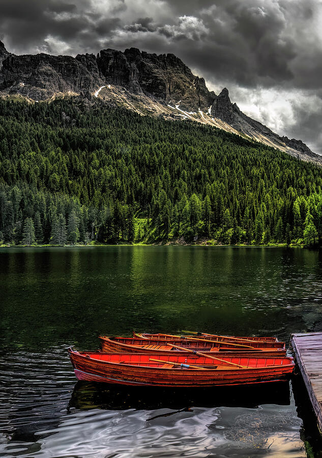 Boat Photograph - Three Canoes at Lake Misurina by Norma Brandsberg