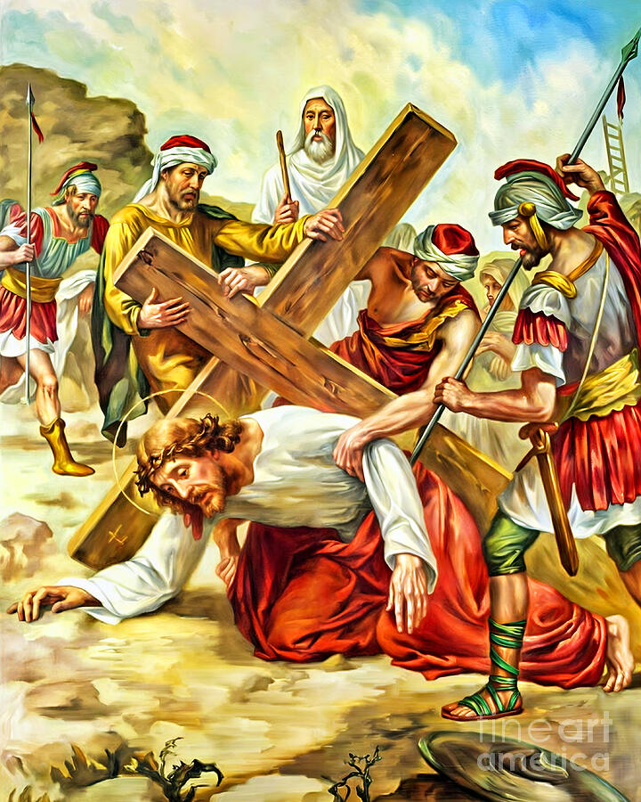 7th Station - Jesus falls the second time Painting by Munir Alawi 7th Station - Jesus falls the second time Painting by Munir Alawi